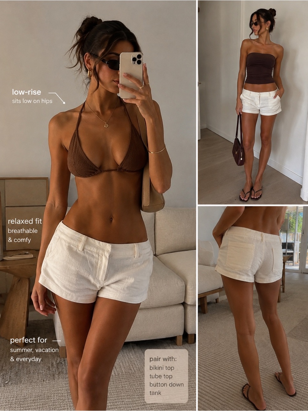 Women’s Low-Rise White Linen Blend Shorts